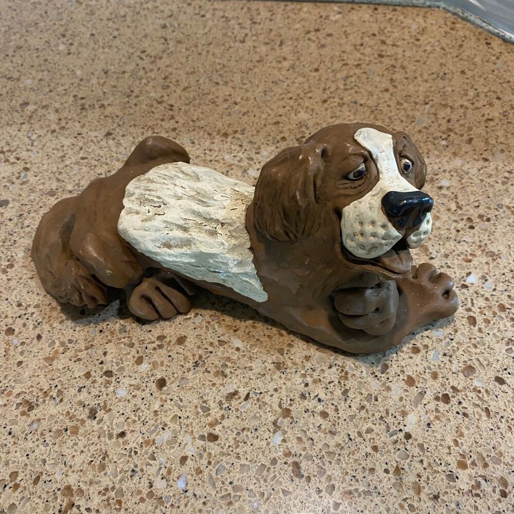 Vintage Saint Bernard Dog Clay Art Figurine Signed Dave Grossman 1973 EUC
